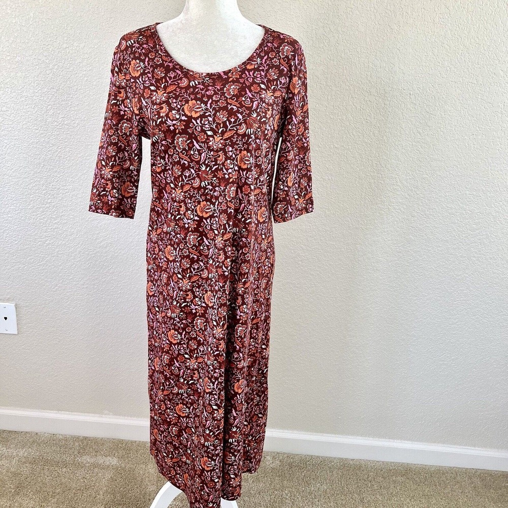 Lands End Size Medium Red & Orange Floral 3/4 Sleeve Midi Dress Cottagecore